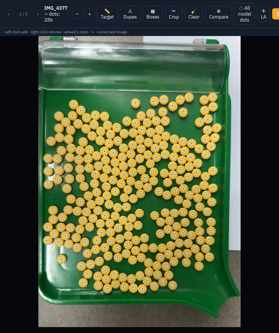 Groundwork's dot-label editor: 286 dots placed on a tray of yellow tablets, with target, dupes, boxes, and compare tools in the toolbar.