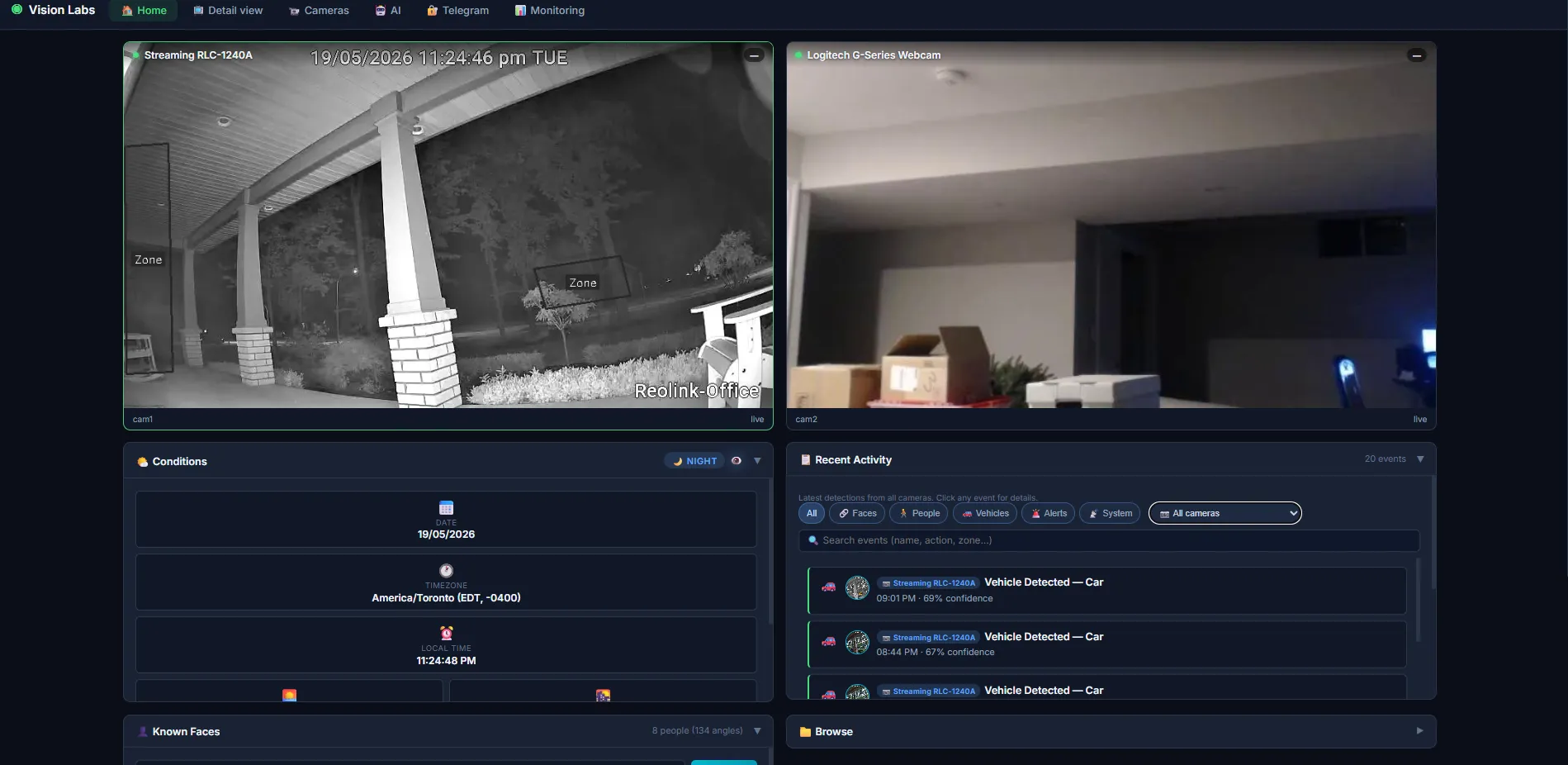 Vision Labs multi-camera dashboard: live feeds, recent vehicle detections, and conditions panel.