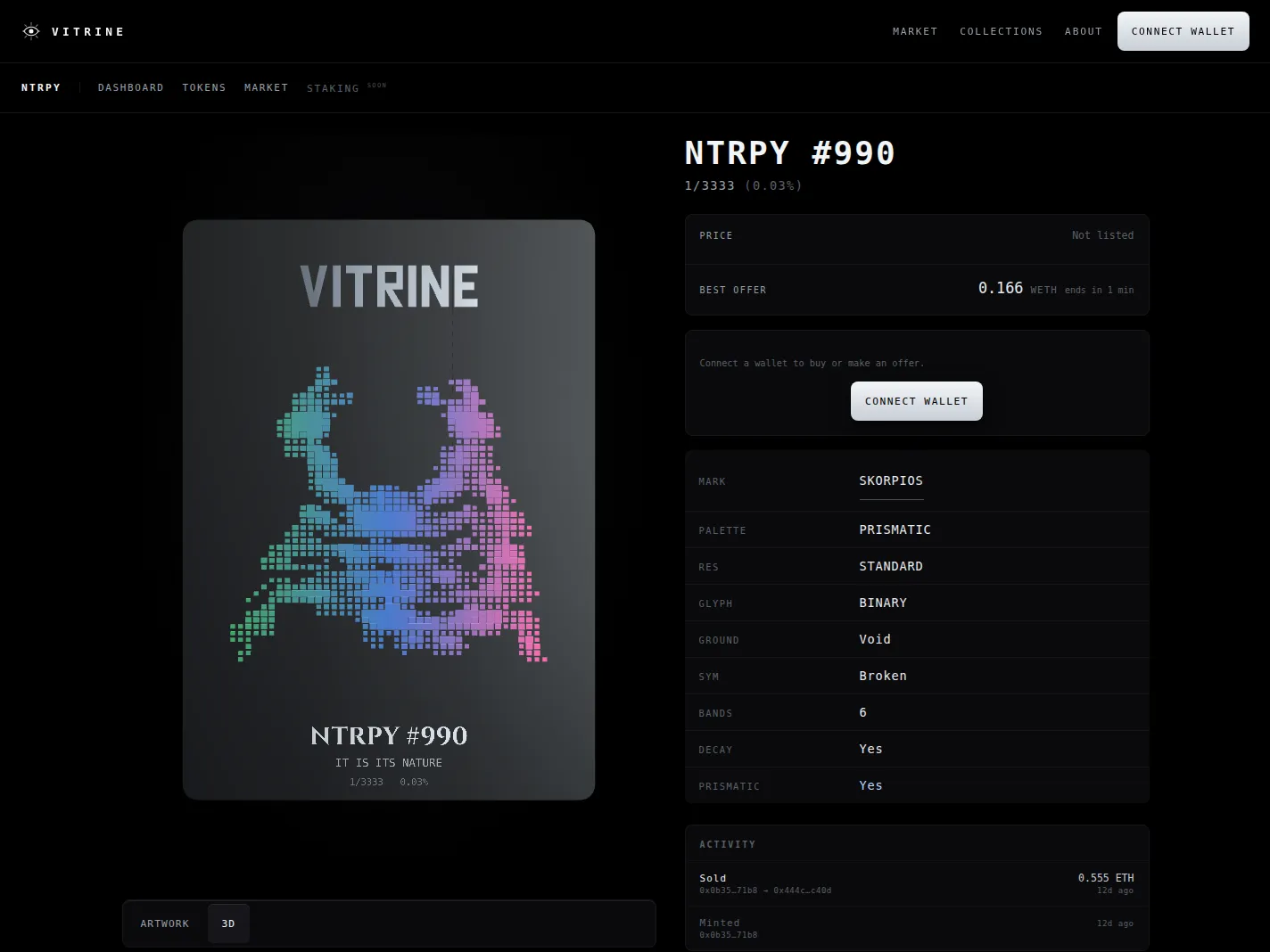 Vitrine token page for NTRPY #990: the 3D card with its pixel-art mark beside live price, best offer, and trait table.